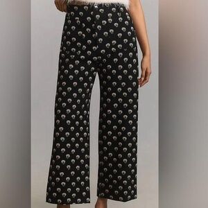 Maeve Black Wide-Leg Trousers with White Floral Print